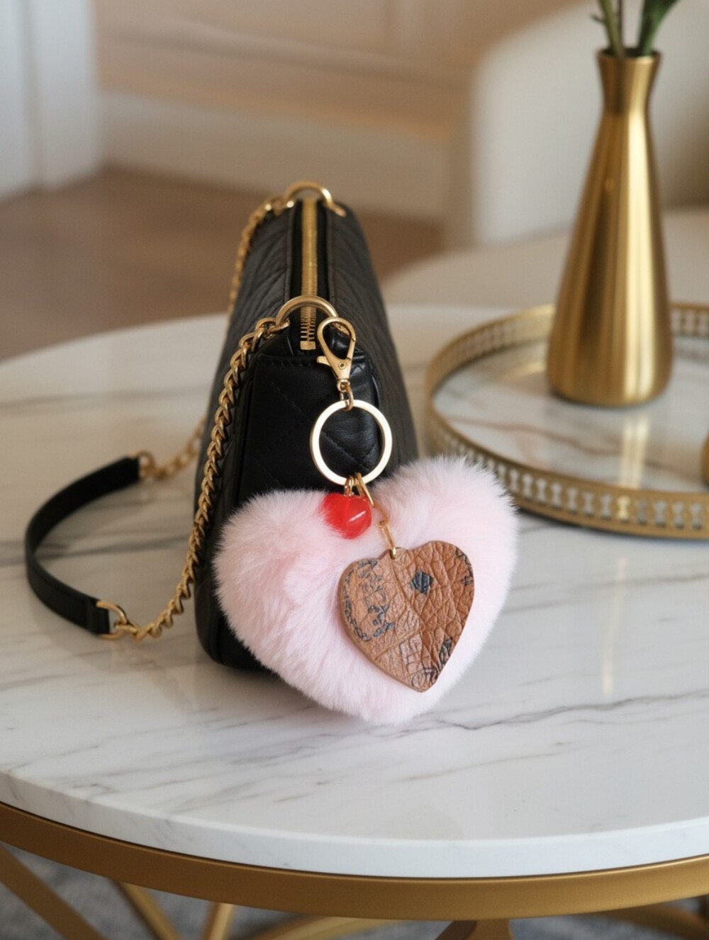 MCM Pink Faux Fur Heart Keychain  Brown Textured Heart Accent Designer Bag Charm